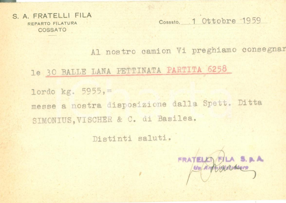 Cartolina originale da collezione 1959 COSSATO (BI) Filatura lana Fratelli FILA *Cartoncino commerciale FG VG 1