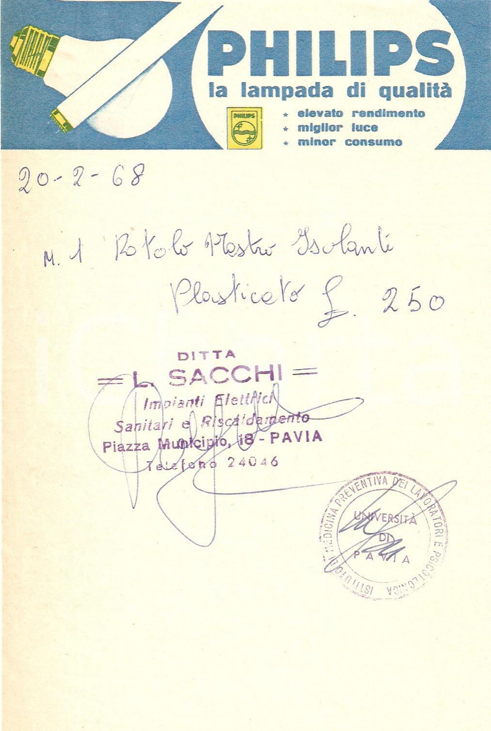 Materiale pubblicitario d’epoca 1968 PAVIA Impianti elettrici SACCHI Lampadine PHILIPS *Ricevuta 12x19 cm 1