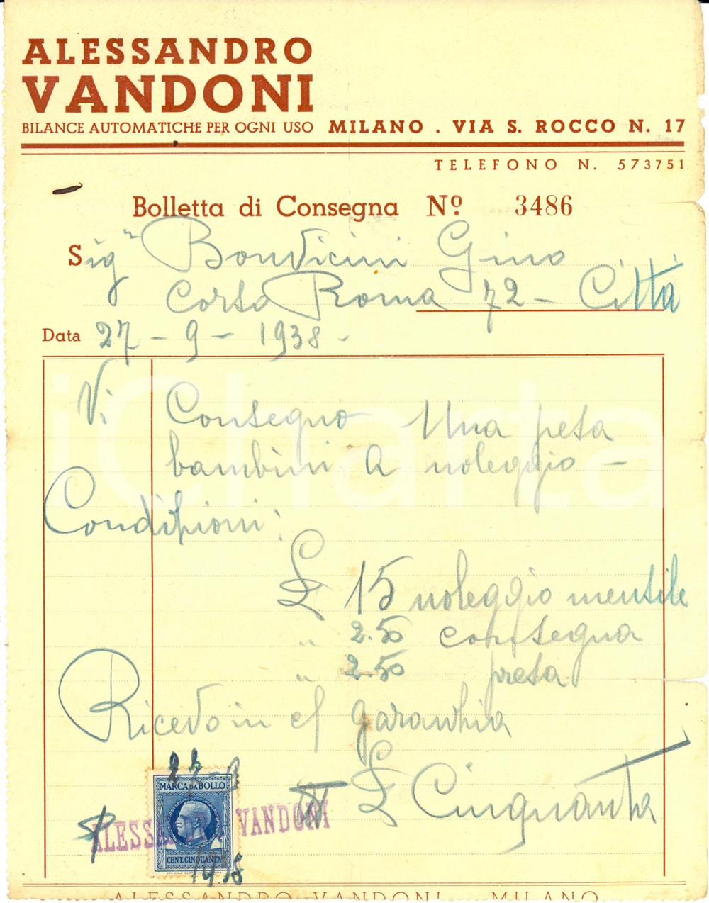Documento originale, autentico 1938 MILANO Ditta Alessandro VANDONI bilance Fattura commerciale 1