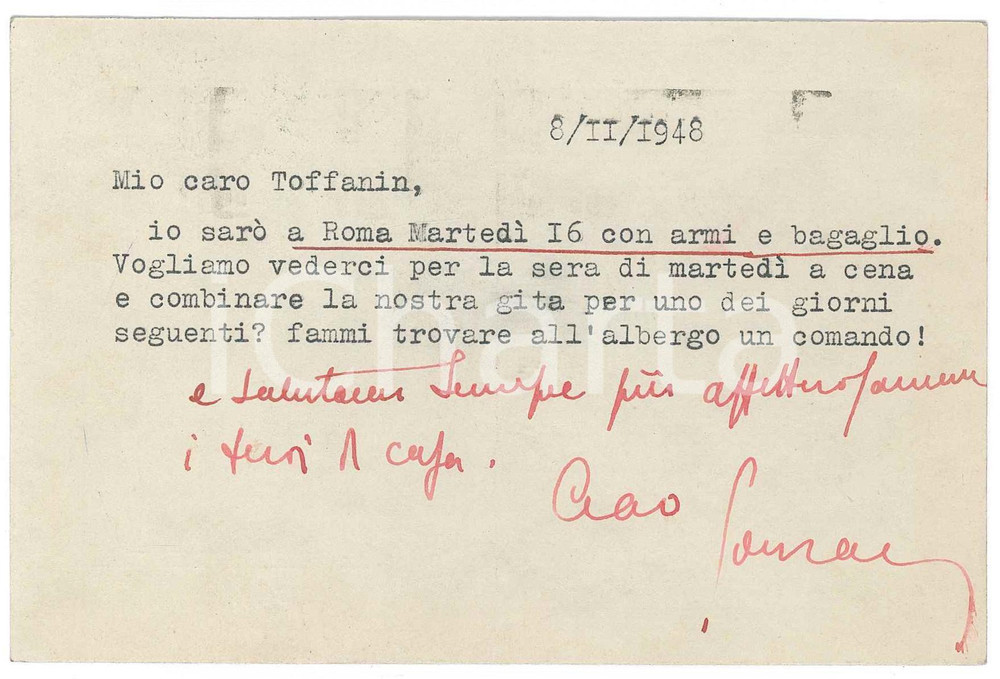 Autografo originale 1948 Cartolina Enrico GONZALES a un amico per un  appuntamento  AUTOGRAFO 1