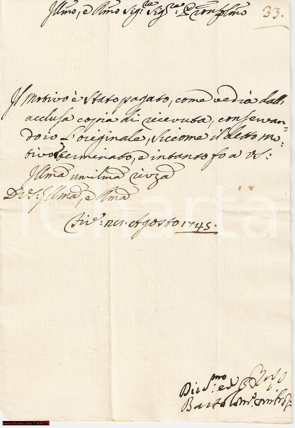 Manoscritto, lettera originale 1745 FIRENZE Lettera Bartolomeo CAMBIASI a un nobile per pagamento 1