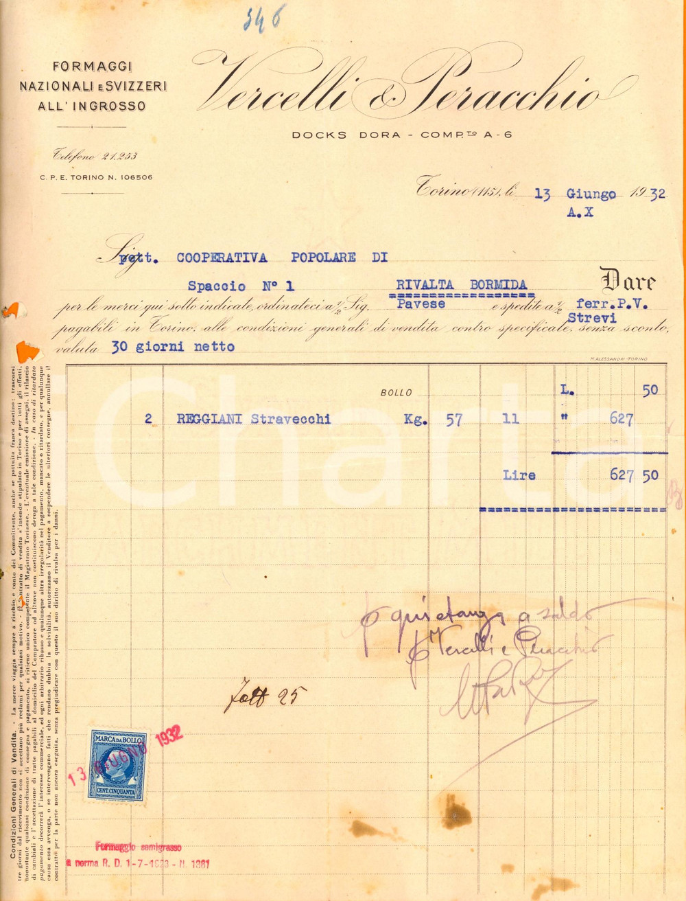 Documento originale, autentico 1932 TORINO Ditta VERCELLI & PERACCHIO  Formaggi all ingrosso DANNEGGIATA 1