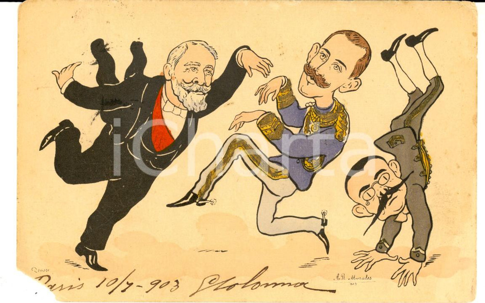Cartolina originale da collezione 1903 COSTUMI La danza dei politici europei Cartolina SATIRICA MORALES FP 1