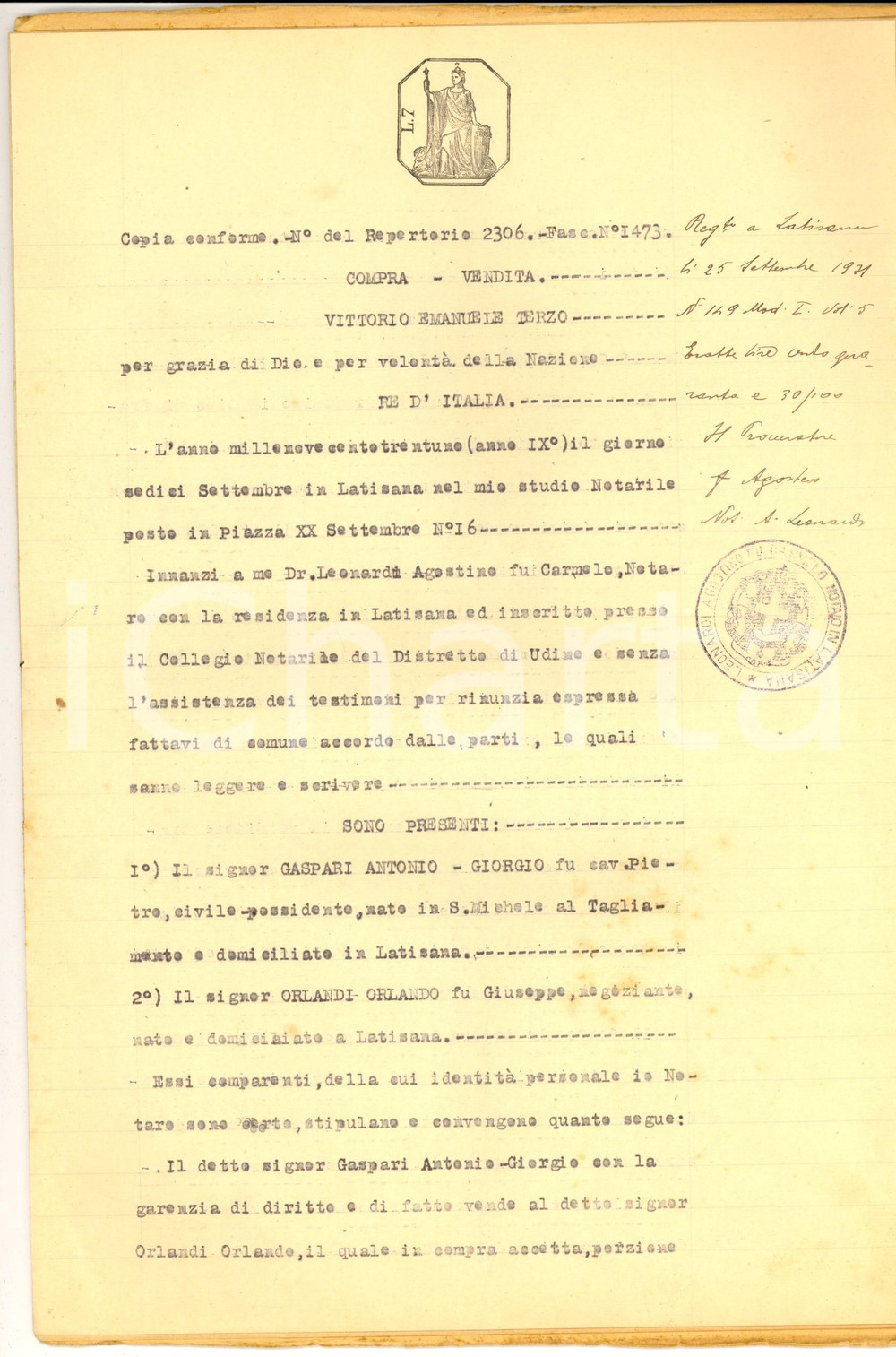 Documento originale, autentico 1931 LATISANA Antonio-Giorgio GASPARI vende terra a Giuseppe ORLANDI ORLANDO 1