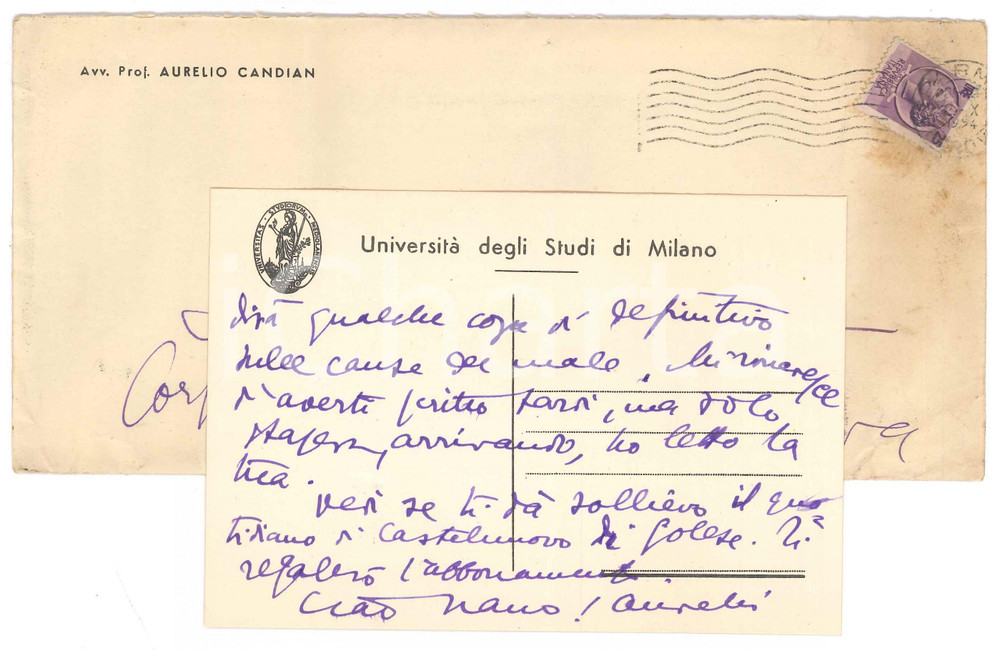 Autografo originale 1954 VIAROLO Aurelio CANDIAN Milano mi ha ripreso nei suoi sporchi ingranaggi 1