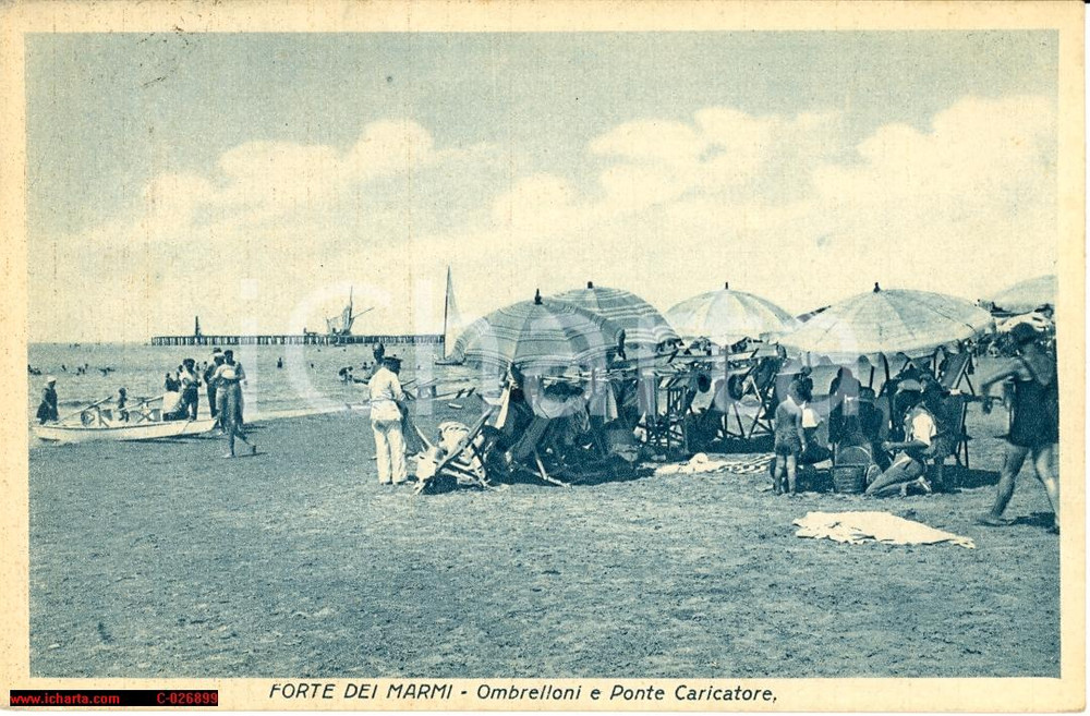 Cartolina originale da collezione 1933 FORTE DEI MARMI (LU) Ombrellone e Ponte Caricatore 1