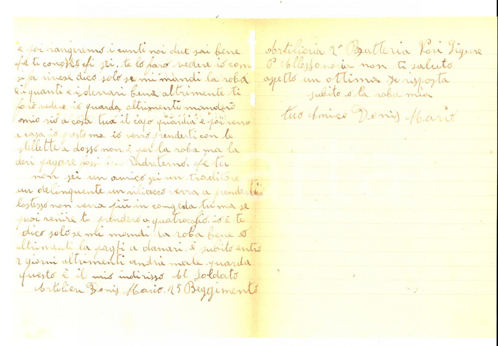 Manoscritto, lettera originale 1937 NOVI LIGURE Mario DONIS derubato del salame da un falso amico Lettera 1