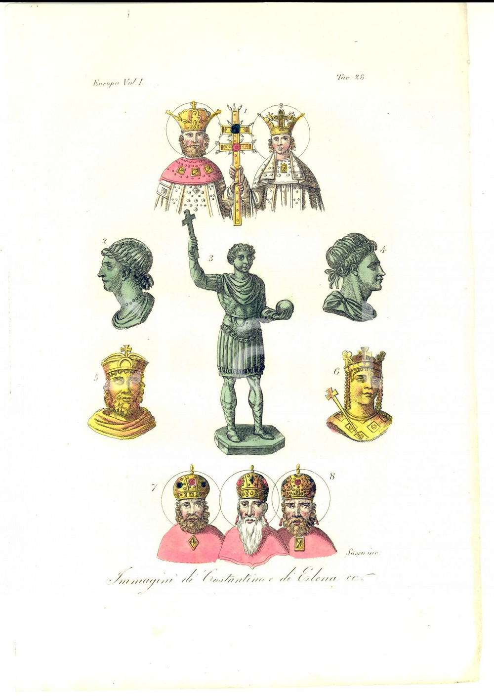 Stampa, bozzetto originale 1823 FERRARIO COSTUME EUROPEO Immagini di Costantino e di Elena Incisione SASSO 1