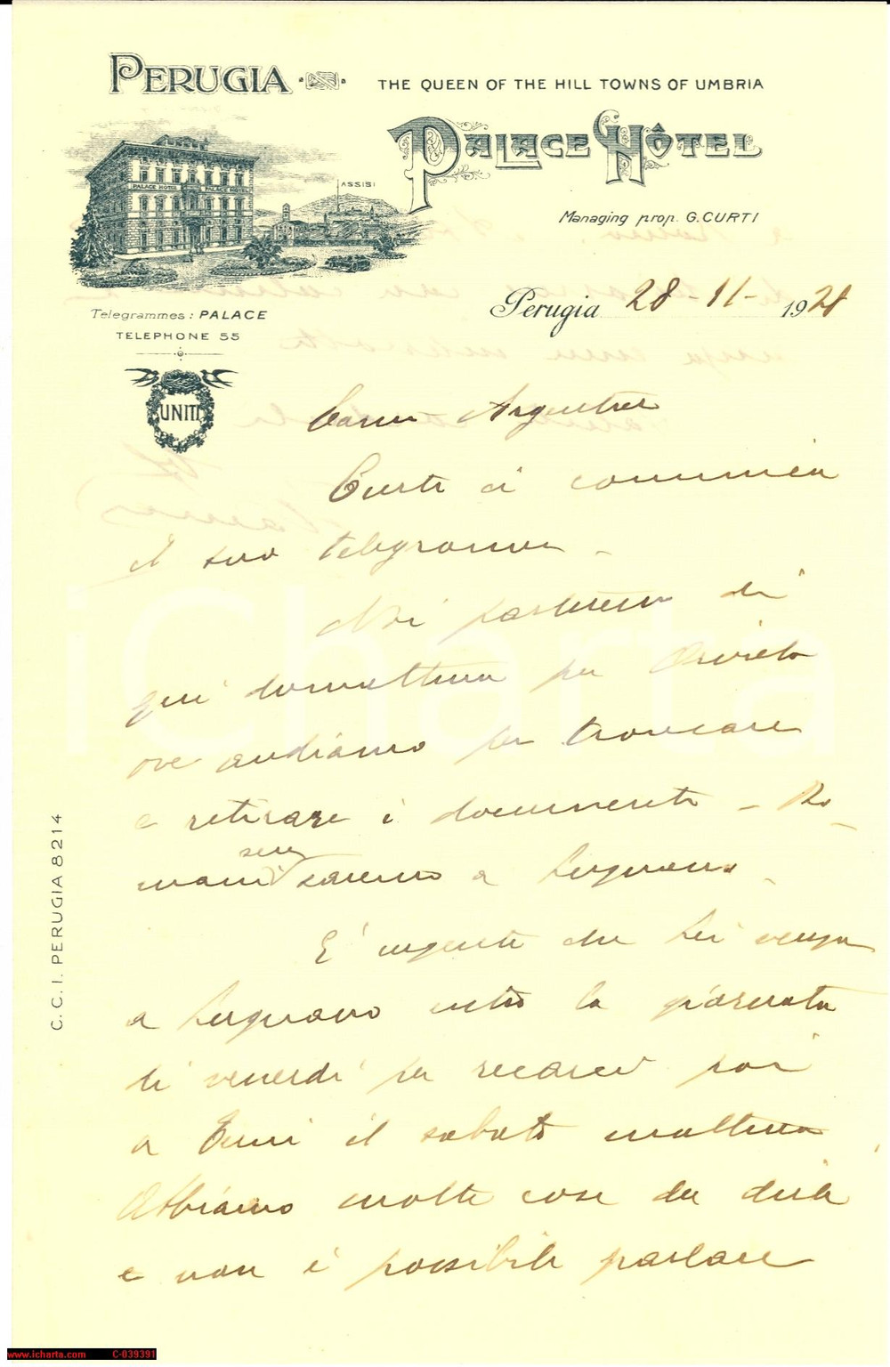 Manoscritto, lettera originale 1928 PERUGIA affari riservati al PALACE HOTEL 1