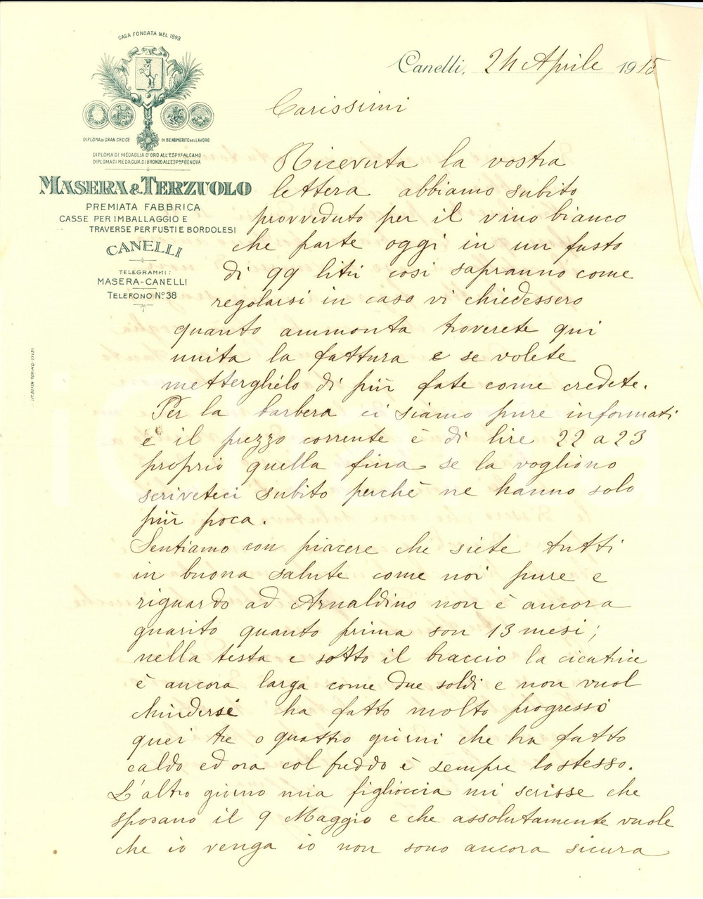 Documento originale, autentico 1915 CANELLI AT Ditta MASERA & TERZUOLO su ordine fusti vino Barbera 1