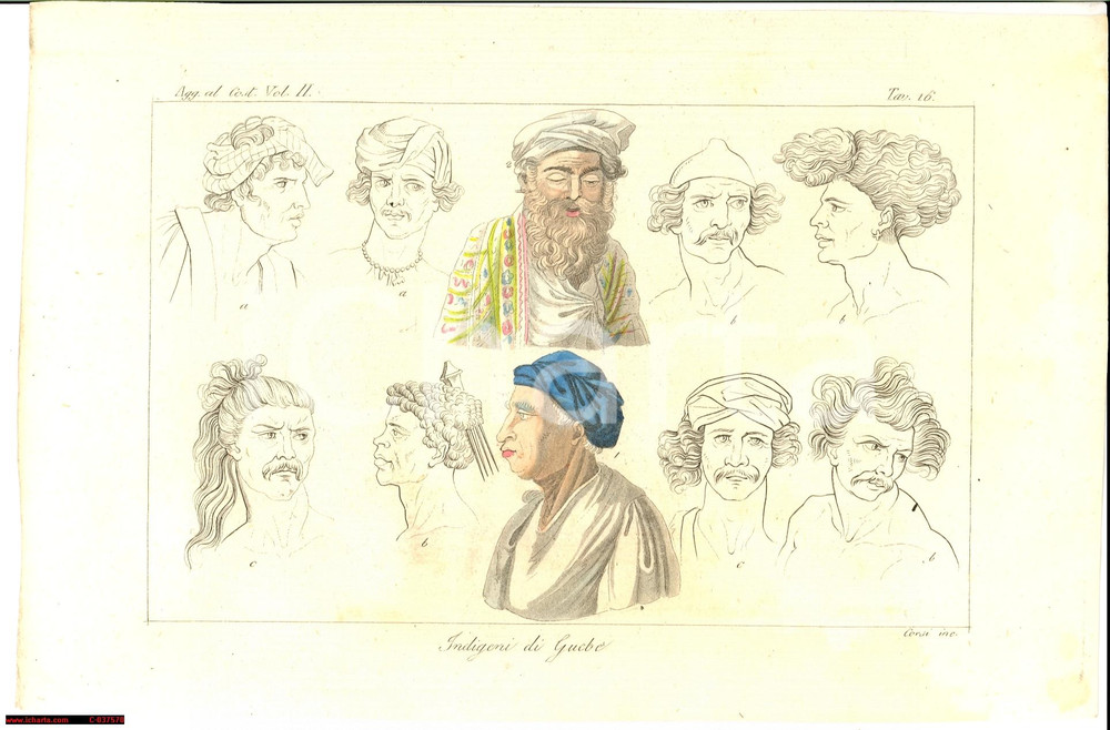 Stampa, bozzetto originale 1820 CIAD Indigeni GUEBE  Inc. CORSI Colorata a mano 1