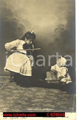 Cartolina originale da collezione 1905 Cartolina SATIRICA  Bambina con il violino  Motivazione compresa 1