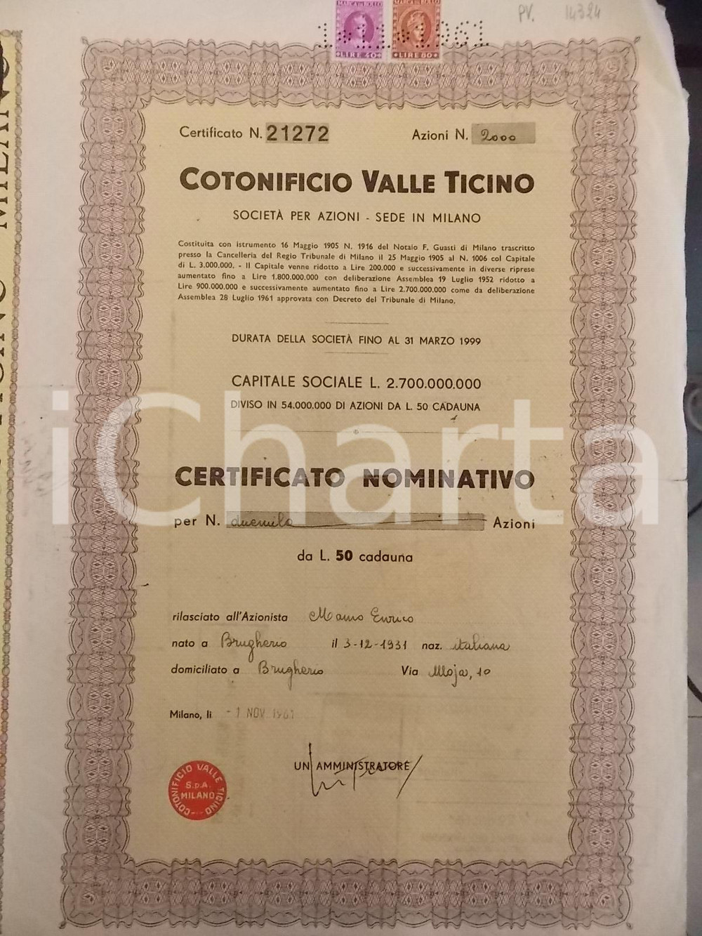 Oggetto da collezione cartaceo 1961 MILANO Cotonificio VALLE TICINO spa Certificato nominativo 2000 azioni 1