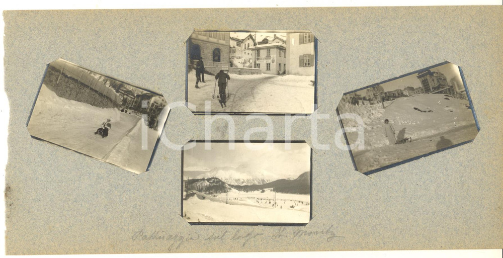 Fotografia d epoca originale 1913 ST. MORITZ Pattinaggio sul lago  Slittino  Negozio BIFFI  4 foto 1