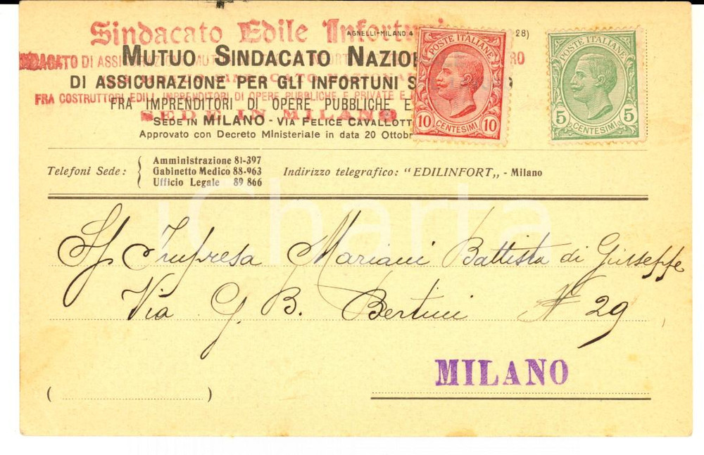 Cartolina originale da collezione 1929 MILANO Mutuo Sindacato Assicurazione Infortuni fra imprenditori Cartolina 1