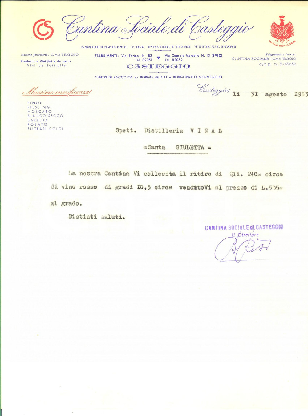 Documento originale, autentico 1963 CASTEGGIO PV CANTINA SOCIALE  Ritiro di vino rosso Lettera 21x29 1