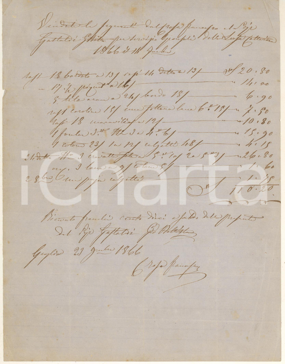 Documento originale, autentico 1866 GRAGLIA (BI) Biancheria di corredo a Caterina LOSA - Quietanza 1