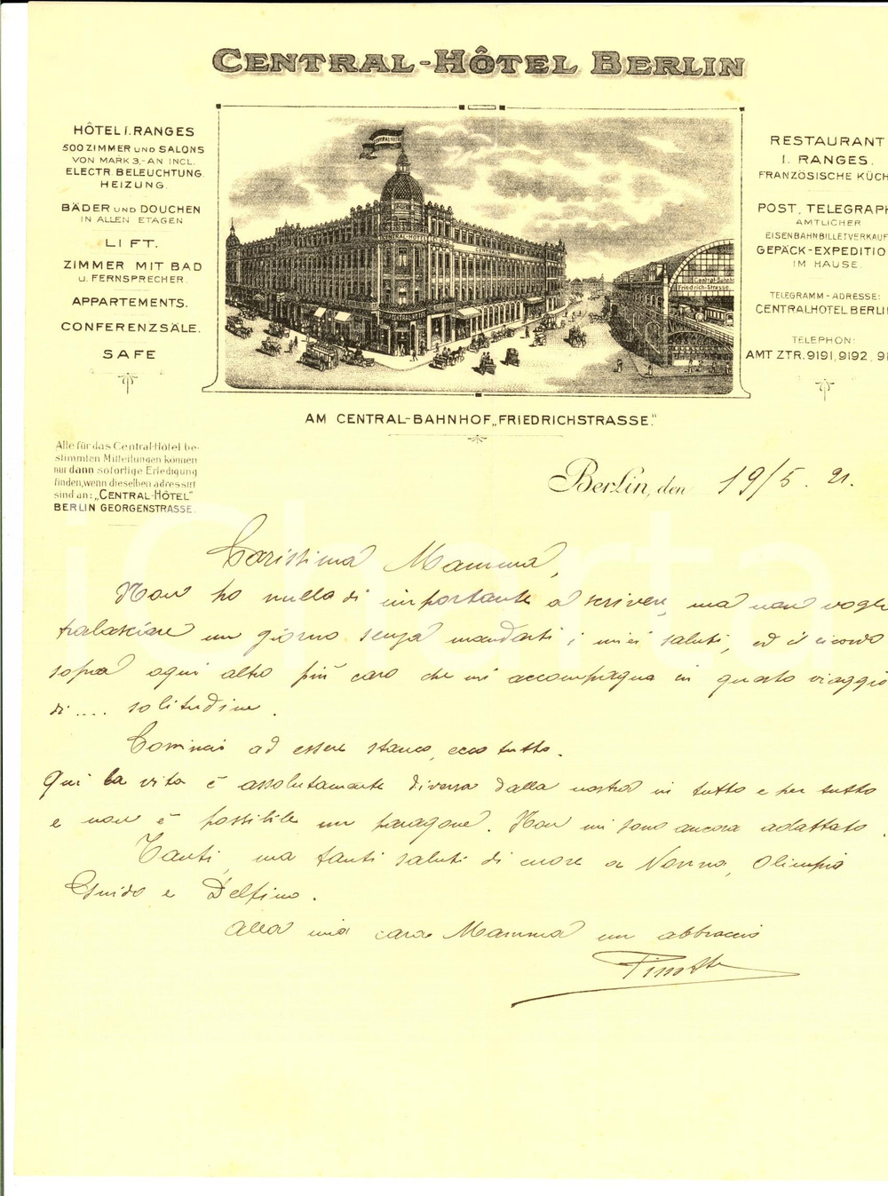 Manoscritto, lettera originale 1921 BERLINO Lettera Giuseppe COMETTO dal CENTRALHOTEL Carta intestata 1