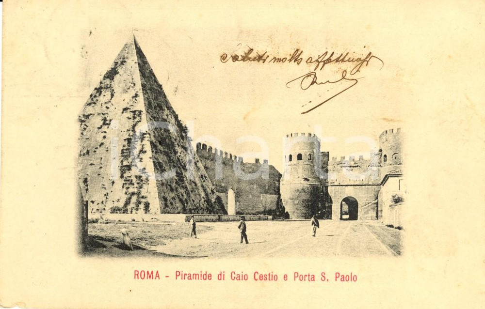 Cartolina originale da collezione 1900 ca ROMA Piramide di CAIO CESTIO e Porta SAN PAOLO *Cartolina ANIMATA FP VG 1