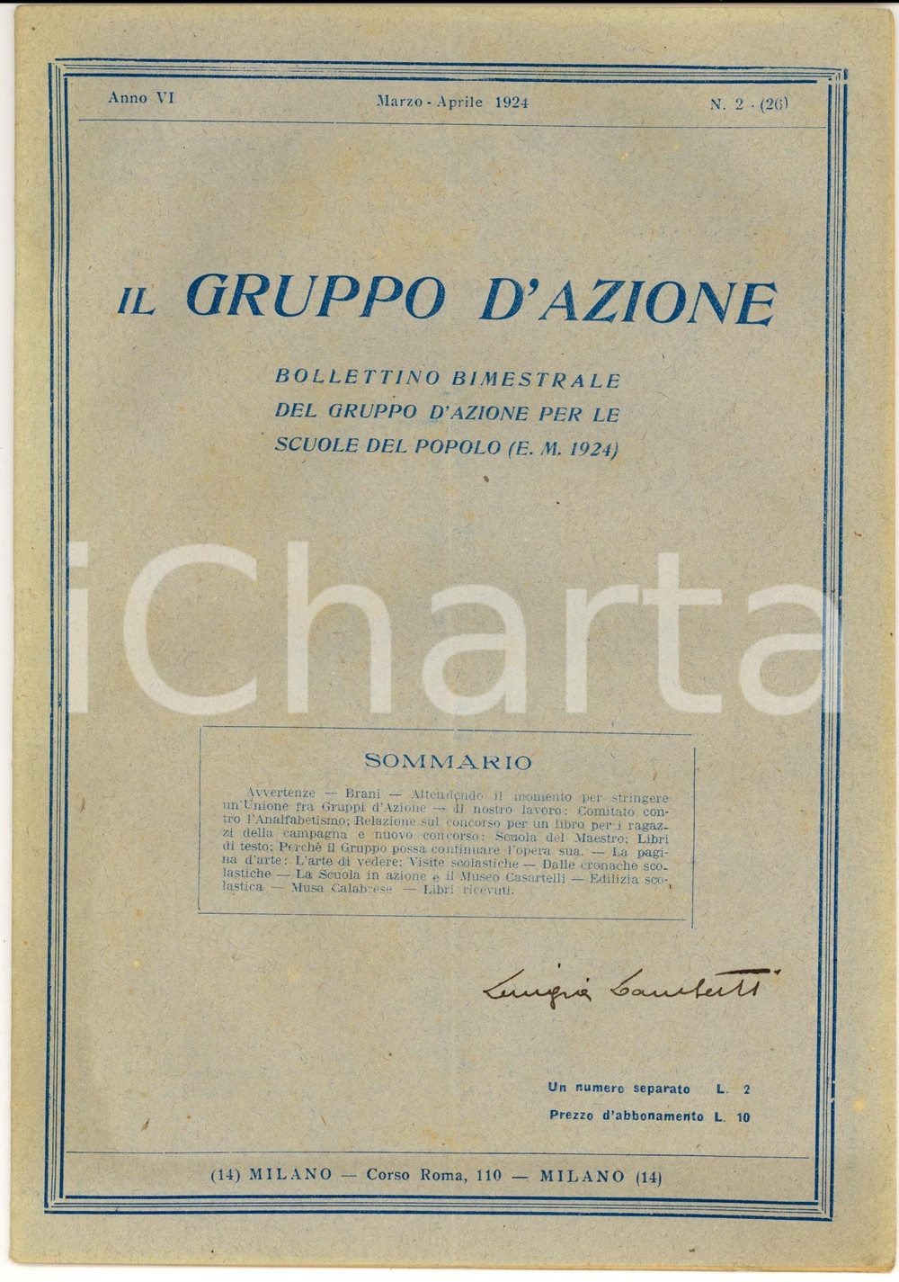 Giornale, rivista storica 1924 MILANO IL GRUPPO D'AZIONE La scuola e il MUSEO CASARTELLI Anno VI nÂ°2 1
