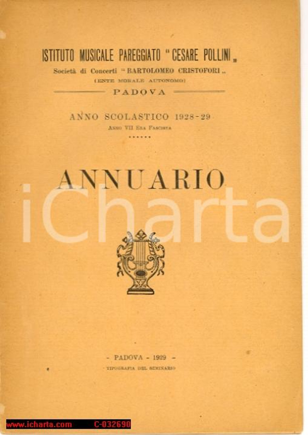 Libro, pubblicazione d'epoca 1929 ISTITUTO MUSICALE CESARE POLLINI annuario 1