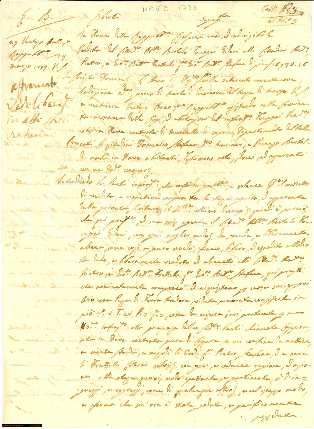 Documento originale, autentico 1799 Cortine di Nave - Vendita Terreno, cartiglio 1