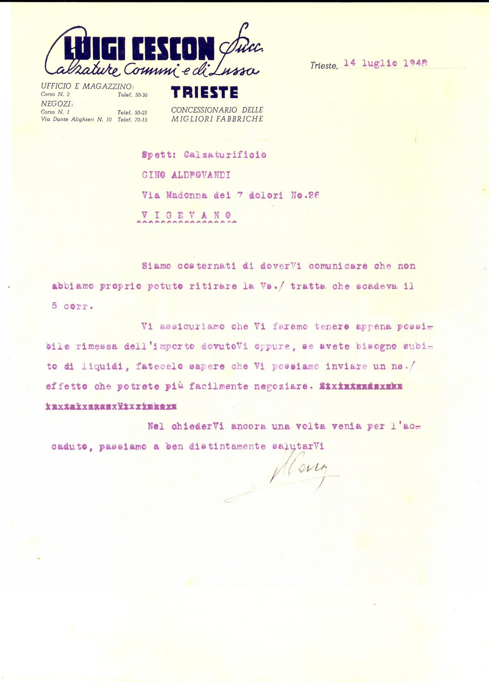 Manoscritto, lettera originale 1948 TRIESTE Ditta Luigi CESCON Succ. Calzature comuni e di lusso  Lettera 1