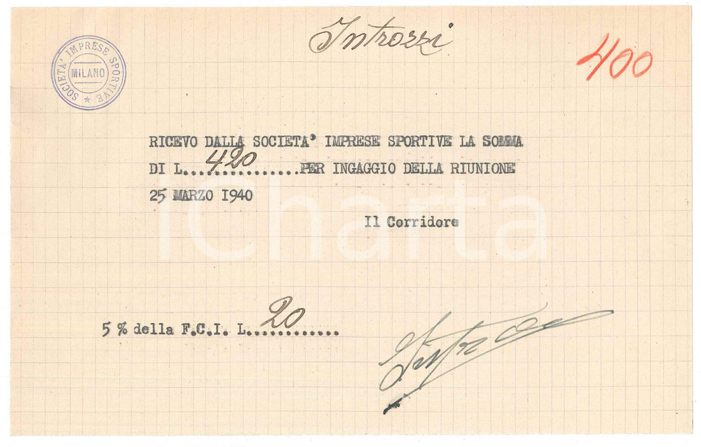 Autografo originale 1940 CICLISMO Milano Vigorelli  Ricevuta Augusto INTROZZI per corsa AUTOGRAFO 1