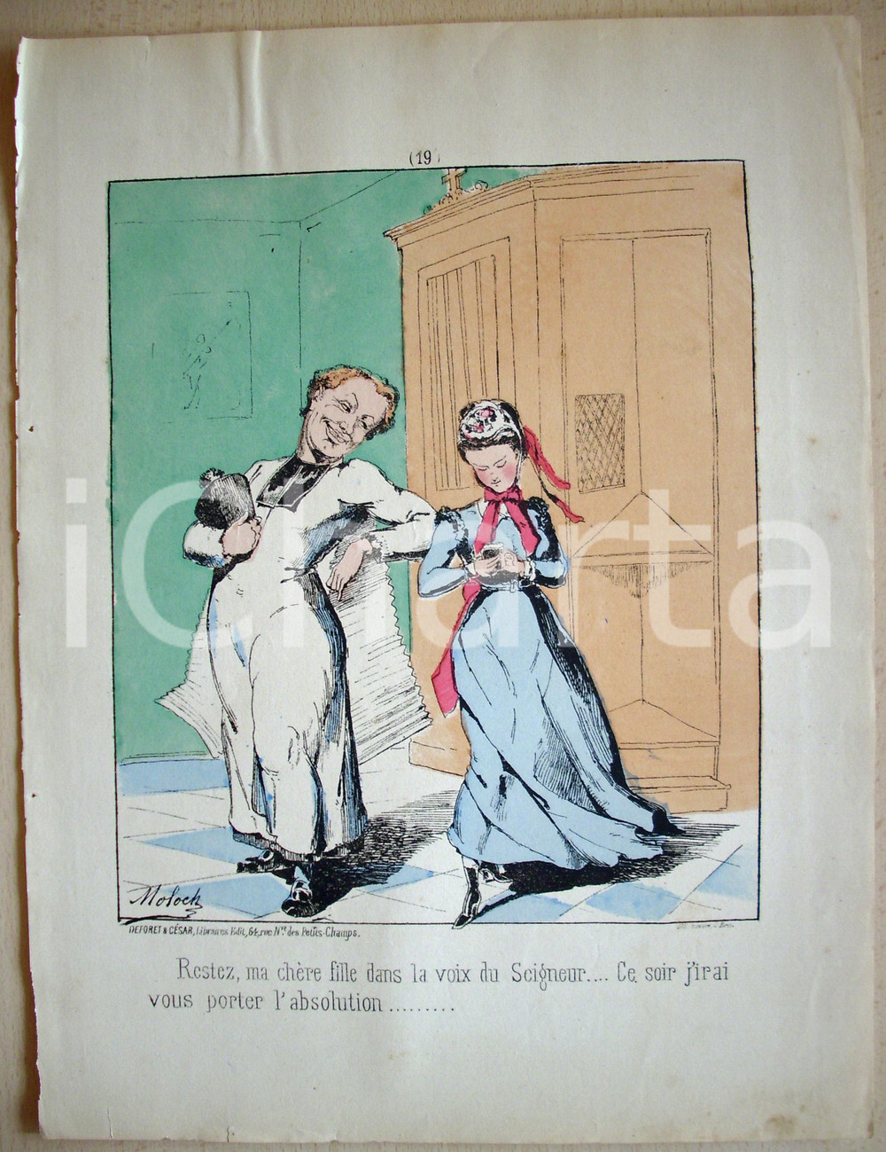 Stampa, bozzetto originale 1871 CONFESSORE lussurioso e la fanciulla Hector MOLOCH 1