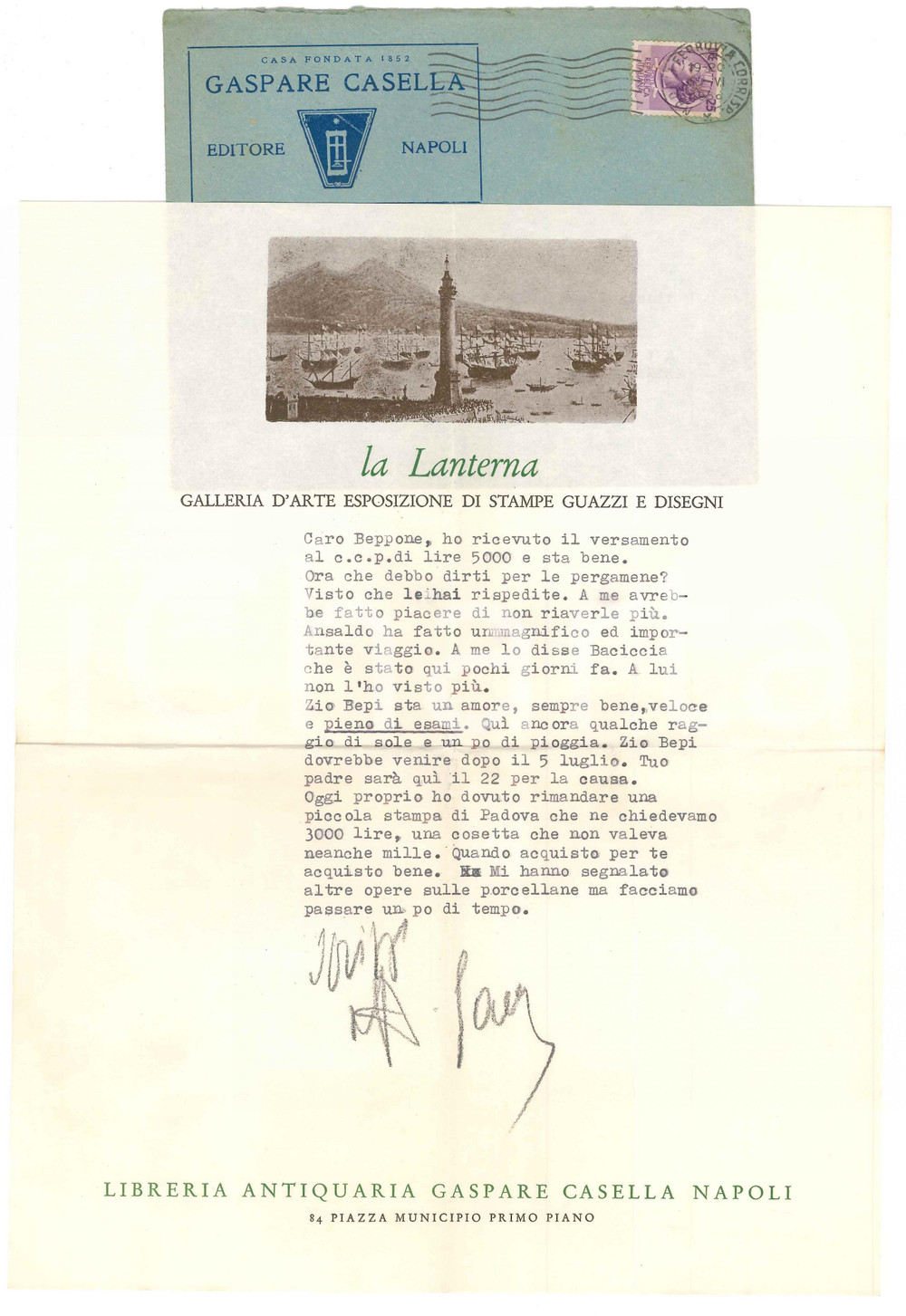 Autografo originale 1956 NAPOLI Gaspare CASELLA a un amico collezionista Autografo 1