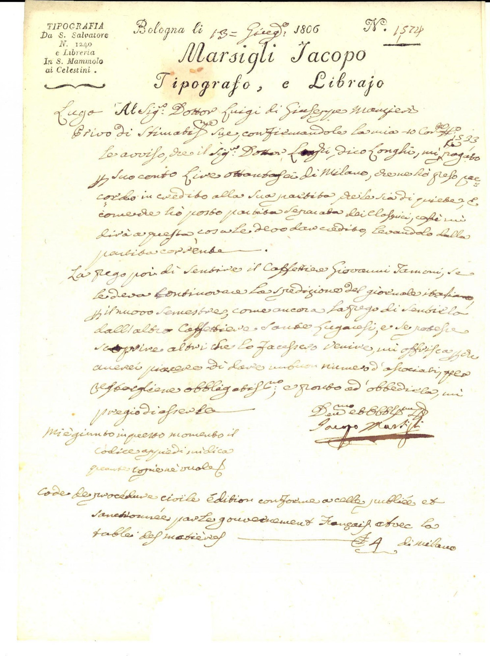 Manoscritto, lettera originale 1806 BOLOGNA Tipografo Jacopo MARSIGLI sull abbonamento al GIORNALE ITALIANO 1