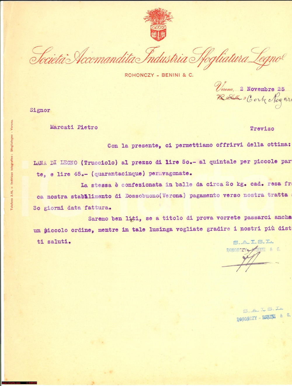 Documento originale, autentico 1925 VERONA Soc. Ind. Sfogliatura Legno ROHONCZY BENINI 1