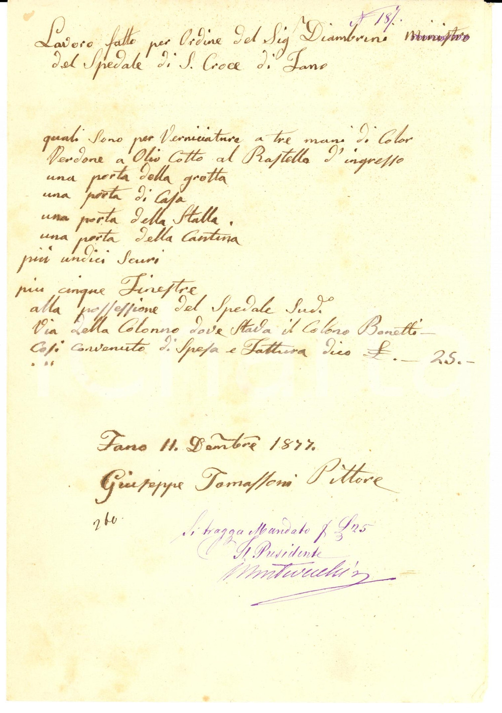 Documento originale, autentico 1877 FANO (PU) Verniciatura casa DIAMBRINI ministro ospedale SANTA CROCE 1
