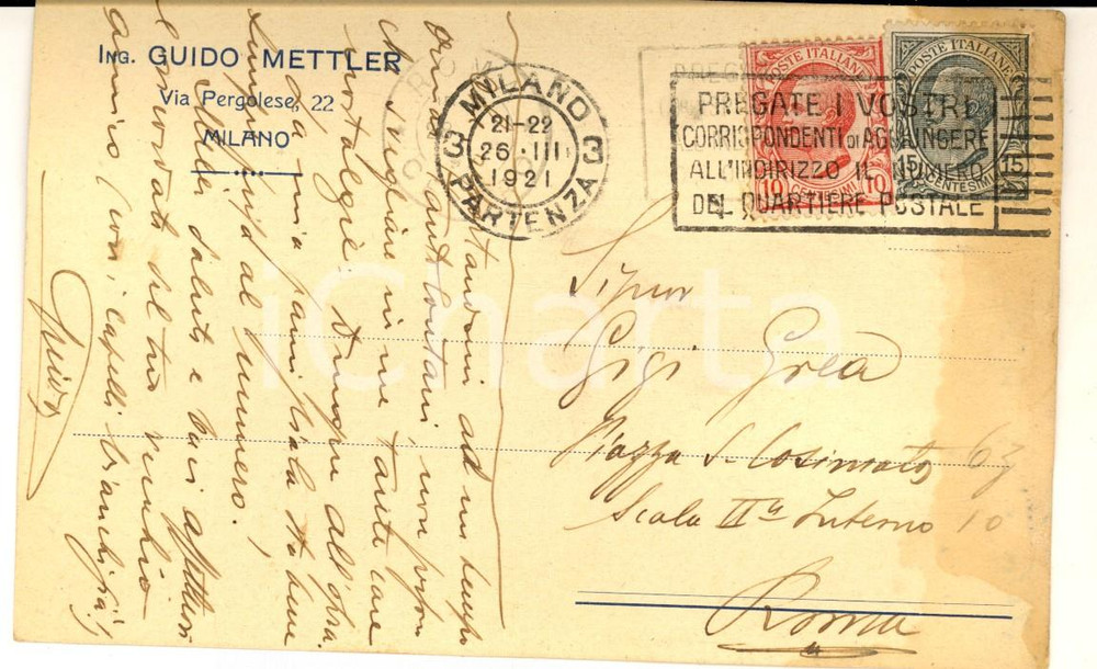 1921 MILANO Cartolina ing. Guido METTLER a un amico con notizie familiari 