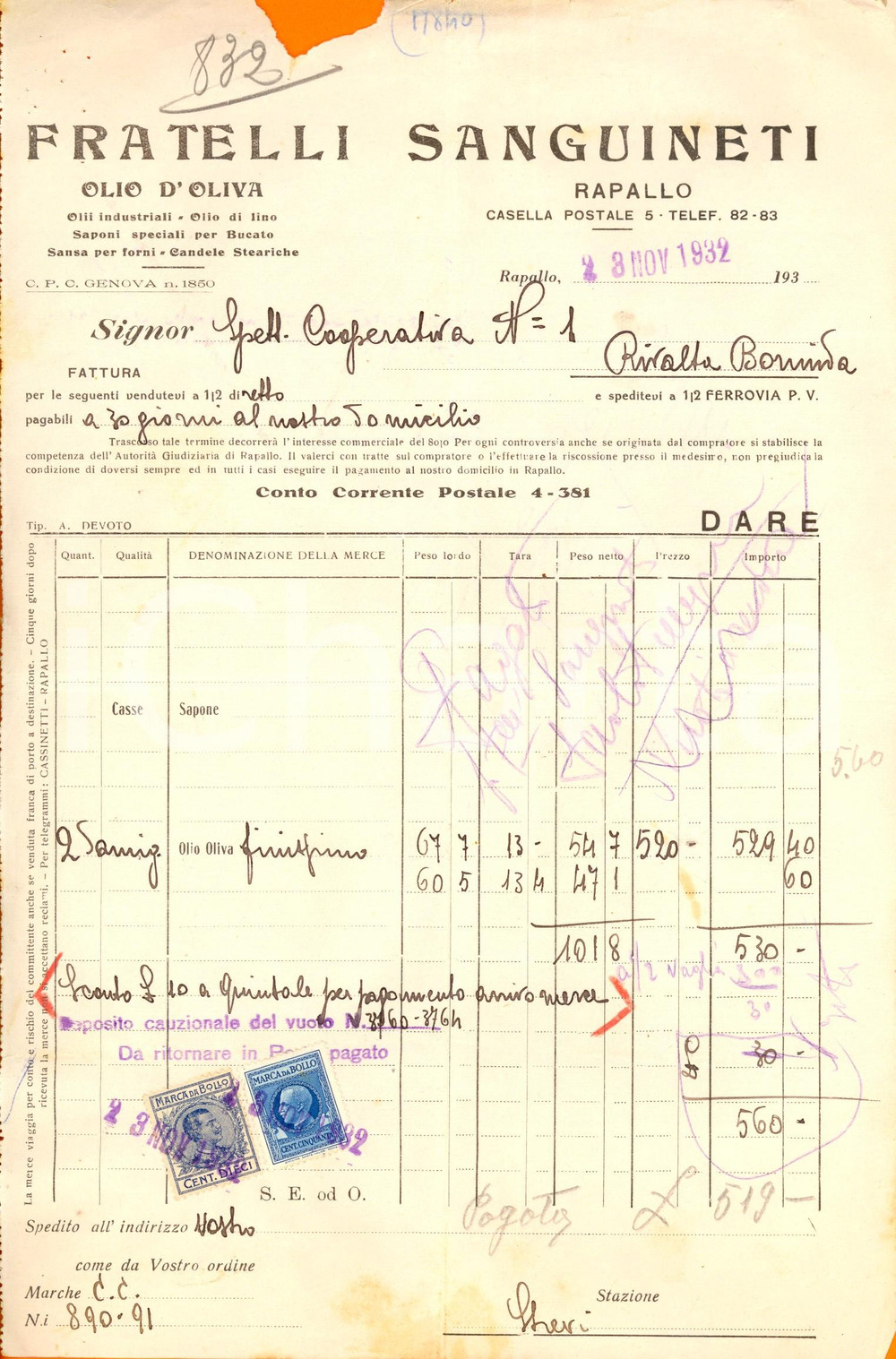 Documento originale, autentico 1932 RAPALLO Fratelli SANGUINETI  Olio d oliva e industriale saponi DANNEGGIATA 1