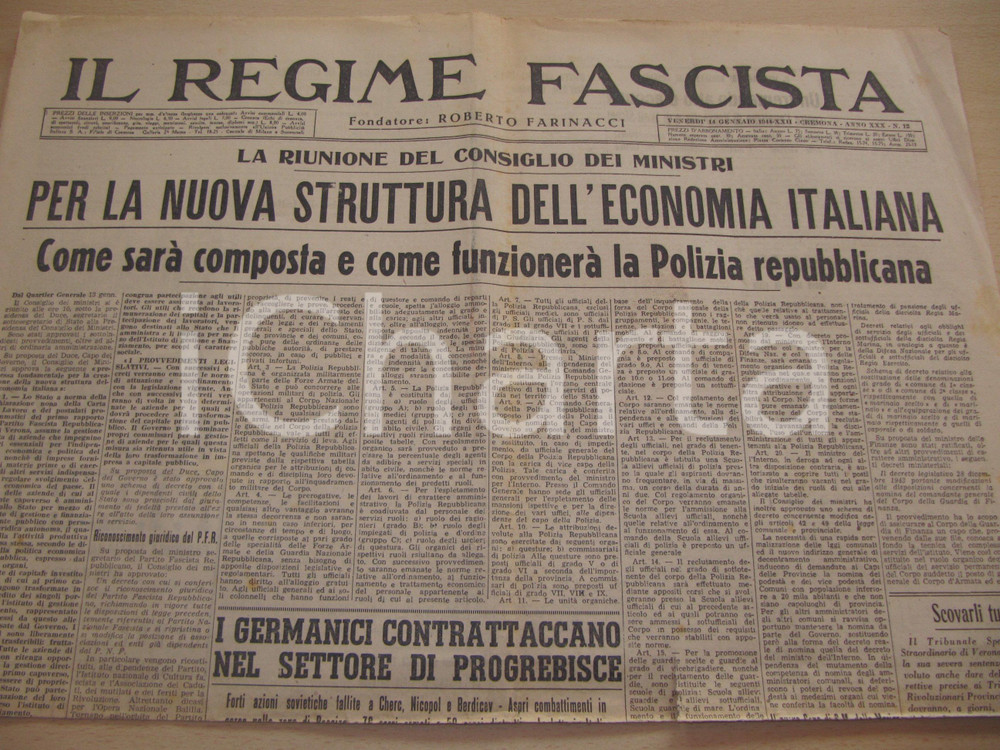 Giornale, rivista storica 1944 RSI REGIME FASCISTA La nuova Polizia Repubblicana Giornale 1