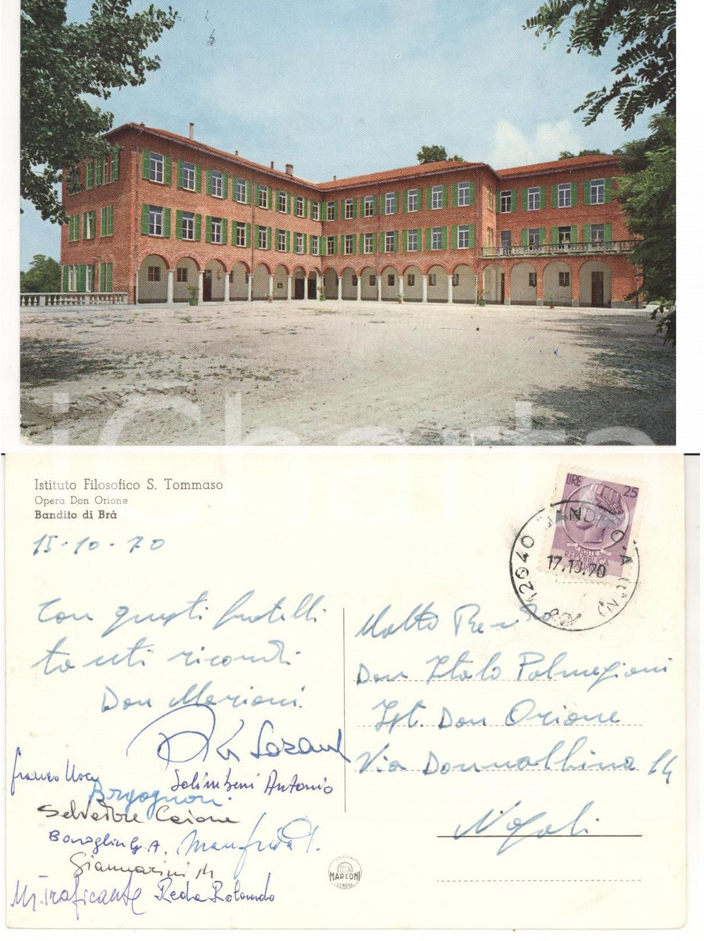 Cartolina originale da collezione 1970 BANDITO BRA Istituto Filosofico S.Tommaso DON ORIONE Cartolina don MARIANI 1