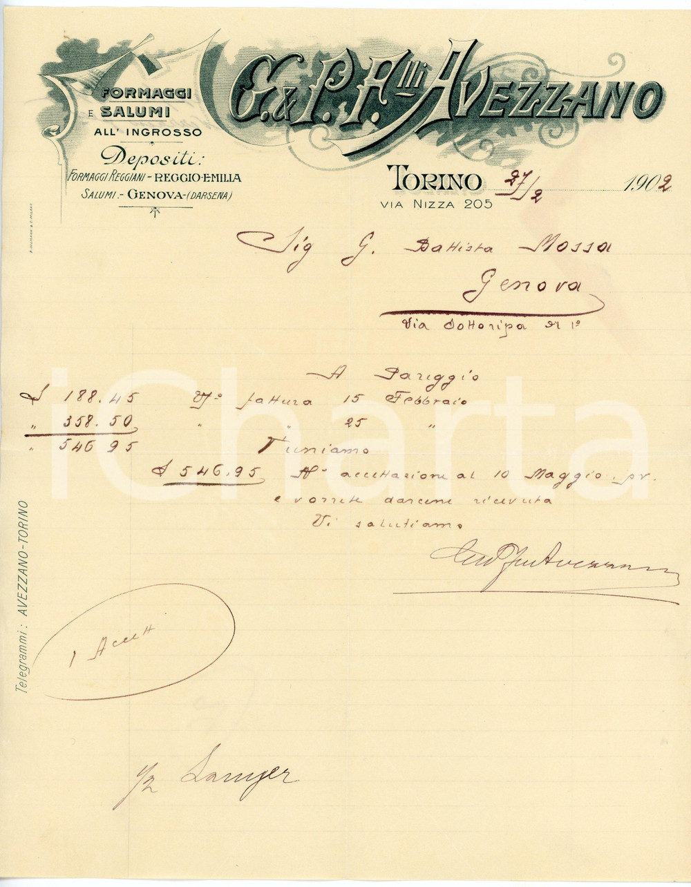 1902 TORINO - G.& P. F.lli AVEZZANO - Formaggi e salumi *Fattura Fattura commerciale d'epoca, manoscritta, su carta intestata.Torino -  Via Nizza 205CONDIZIONI: F (piegature d'epoca)PAGINE: 1    originale e autentica 1