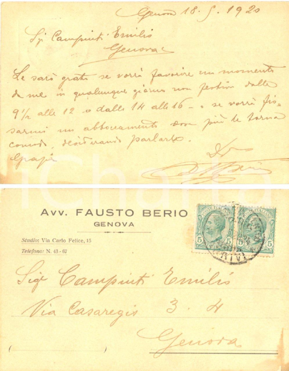 Autografo originale 1920 GENOVA Avv. Fausto BERIO chiede appuntamento a Emilio CAMPINTI *Autografo 1