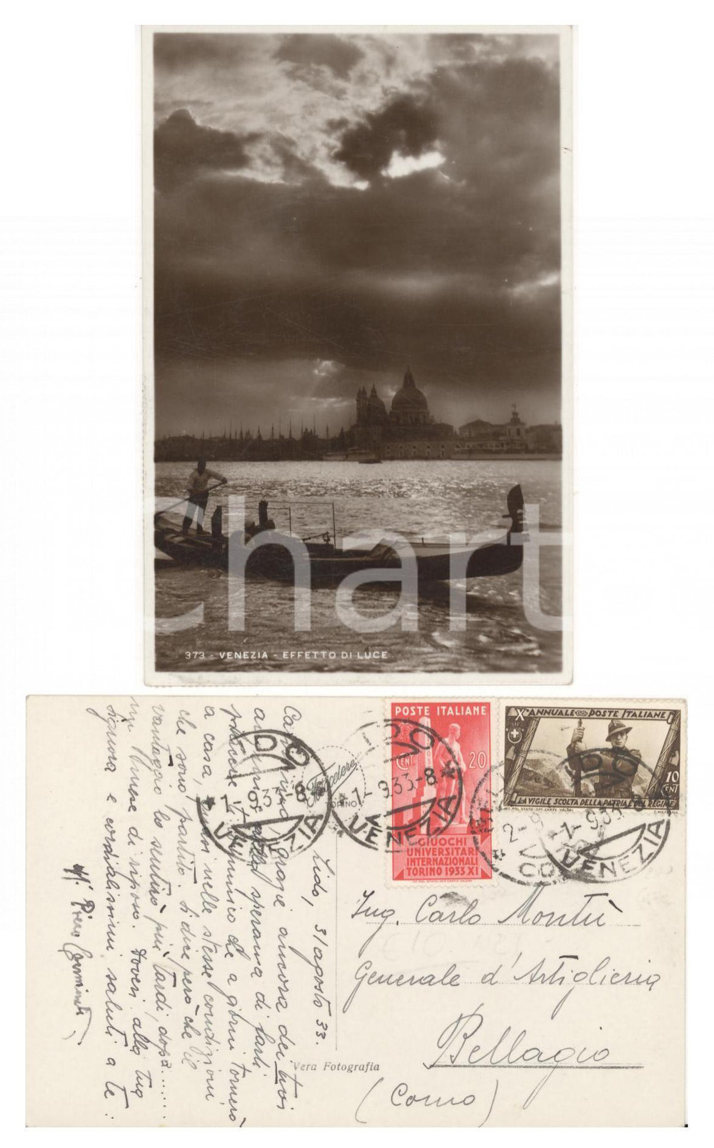 Cartolina originale da collezione 1933 STORIA POSTALE VENEZIA Piero CARMINATI X MAS al gen. Carlo MONTU  Autografo 1