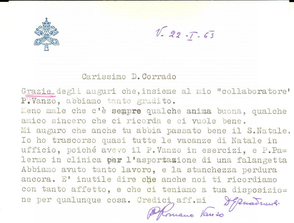 Autografo originale 1963 ROMA Mons. Igino QUADRAROLI passa il Natale in ufficio AUTOGRAFO 1