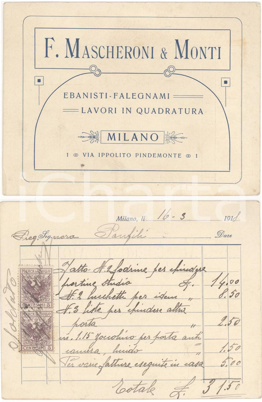 Oggetto da collezione cartaceo 1918 MILANO Via Pindemonte 1 Ebanisti e falegnami F. MASCHERONI & MONTI 1