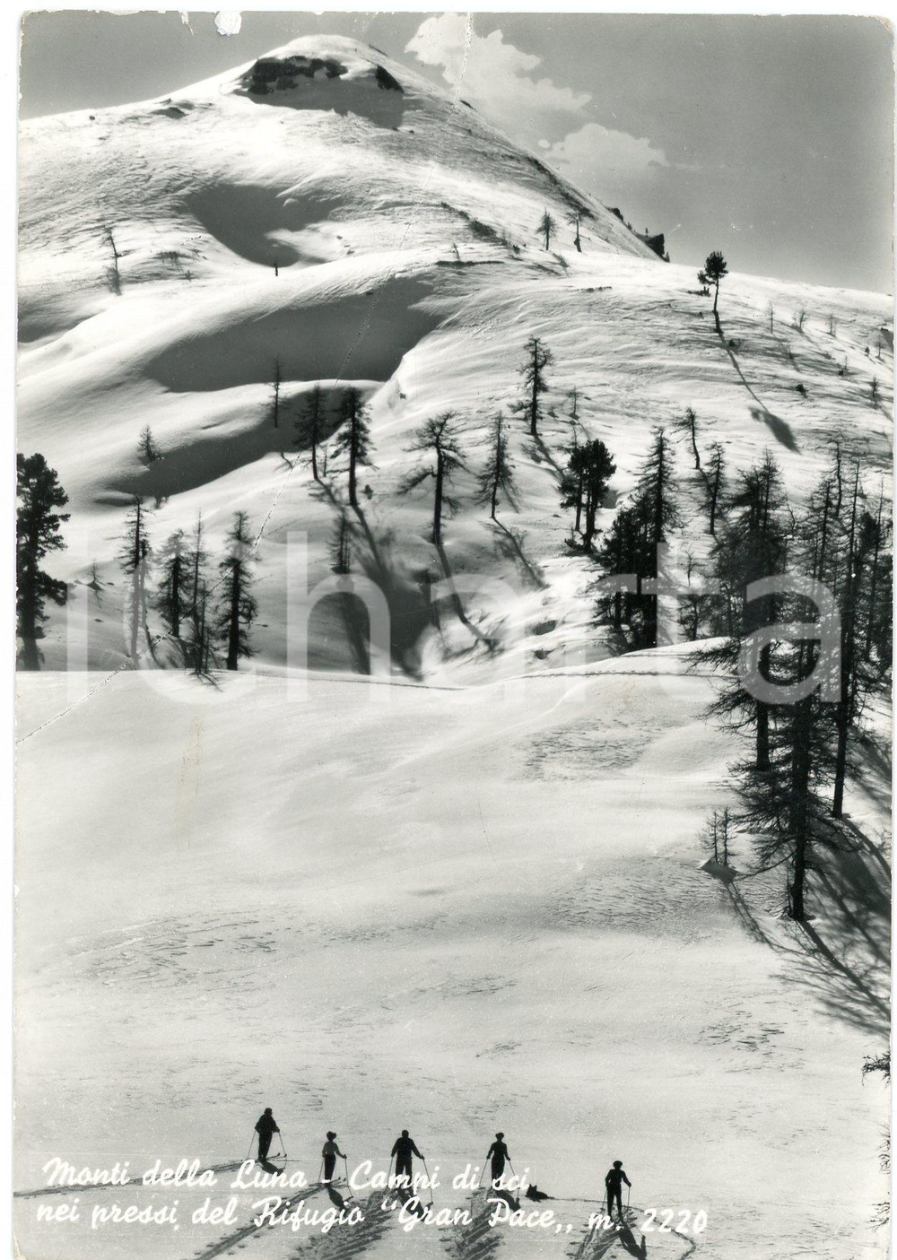 1958 CESANA TORINESE Sciatori al Rifugio Gran Pace - Monti della Luna *Cartolina Cartolina d'epoca viaggiata  VERY POOR/gravemente danneggiato Profonda piegatura orizzontale, smussature agli angoli, sbrecciature al margine superiore Formato: 15x10 cm originale e autentica 1
