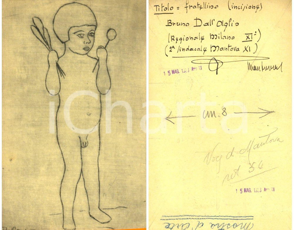 Autografo originale 1933 MANTOVA Bruno DALL AGLIO Fratellino Incisione ORIGINALE con AUTOGRAFO 1