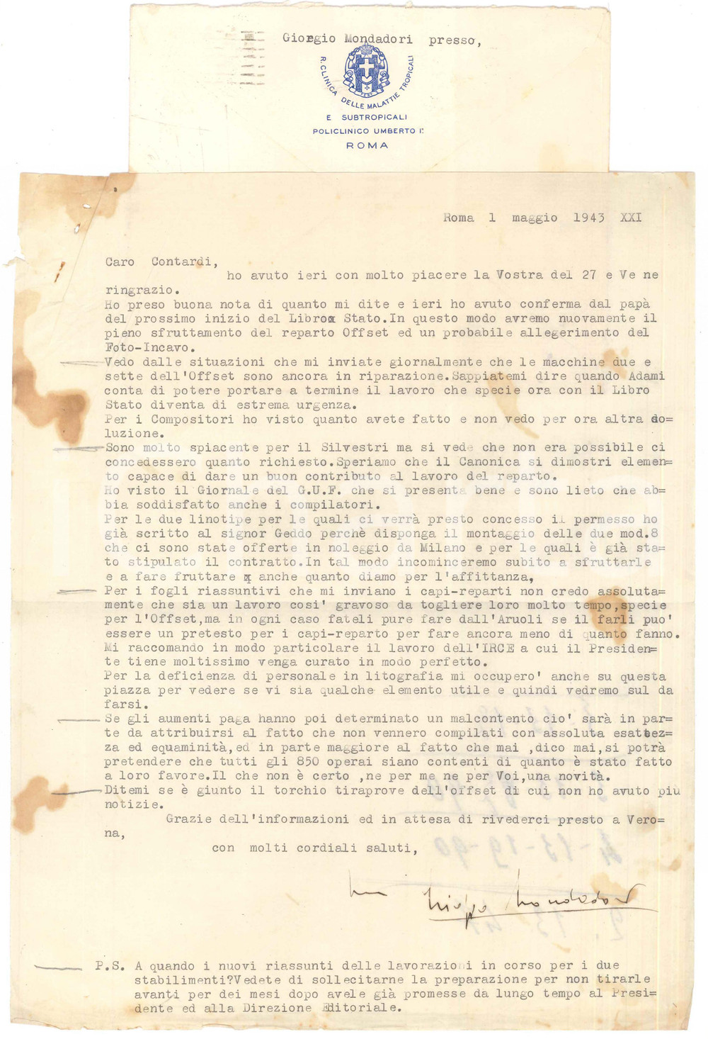 Autografo originale 1943 ROMA Lettera Giorgio MONDADORI ad Alfredo CONTARDI per lavori Autografo 1