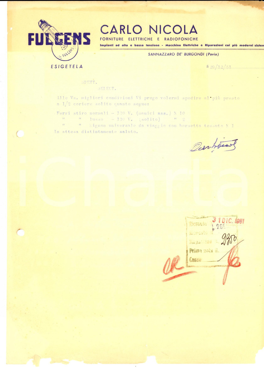 Documento originale, autentico 1951 SANNAZZARO DE' BURGONDI Ditta Carlo NICOLA Forniture elettriche FULGENS 1