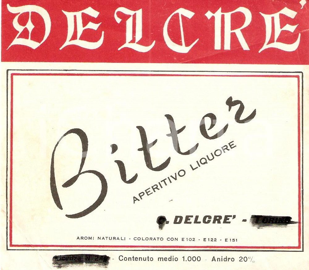 Materiale pubblicitario d’epoca 1965 ca DELCRE  Liquore BITTER Aperitivo Etichetta 1
