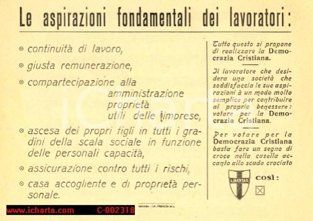 Materiale pubblicitario d’epoca 1948 (?) DC Le aspirazione fondamentali dei lavoratori - Volantino PROPAGANDA 1