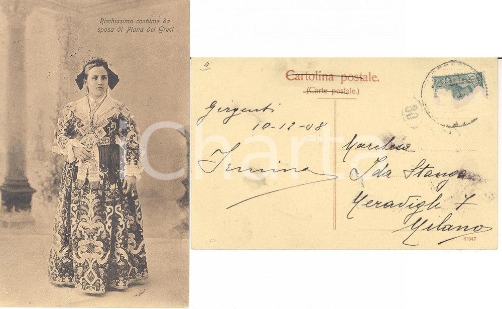 Autografo originale 1908 PIANA DEI GRECI (PA) Ricchissimo costume da sposa *Autografo Irmina STANGA 1