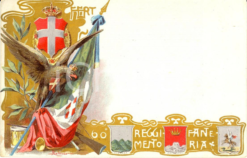 Cartolina originale da collezione 1900 ca REGIO ESERCITO 60Âº Reggimento FANTERIA *Cartolina ILLUSTRATA FP NV 1